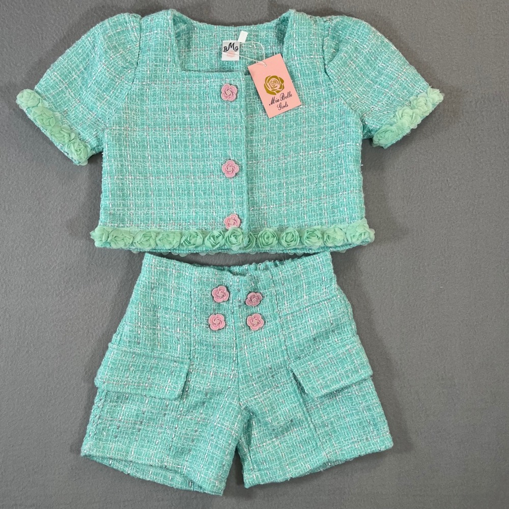 Mia Belle Girls Mint Green Tweed 2 Piece Set Rosette Trim Shorts Jacket Size 7/8